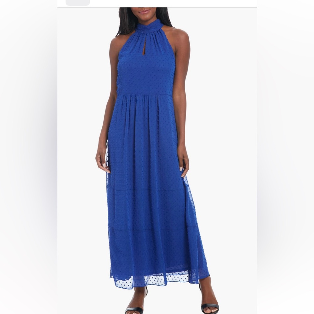 London Times Elegant Blue Mock Neck Keyhole Maxi Dress